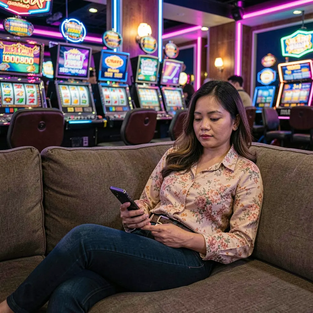JDBJILI App – Enjoy smooth and immersive mobile casino play anytime in the Philippines Focused Filipino woman relaxing on a sofa while using the JDBJILI mobile casino app with colorful slot machines glowing behind her