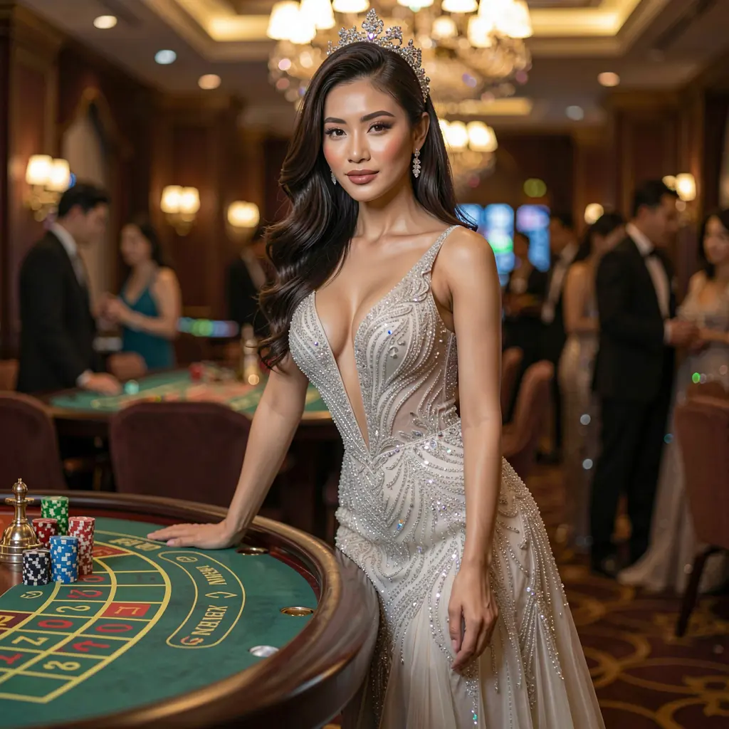 JDBJILI – Step into a world of luxury online casino gaming in the Philippines Elegant casino woman in a sparkling dress at a roulette table with glowing lights creating a premium gaming mood at JDBJILI for players in the Philippines
